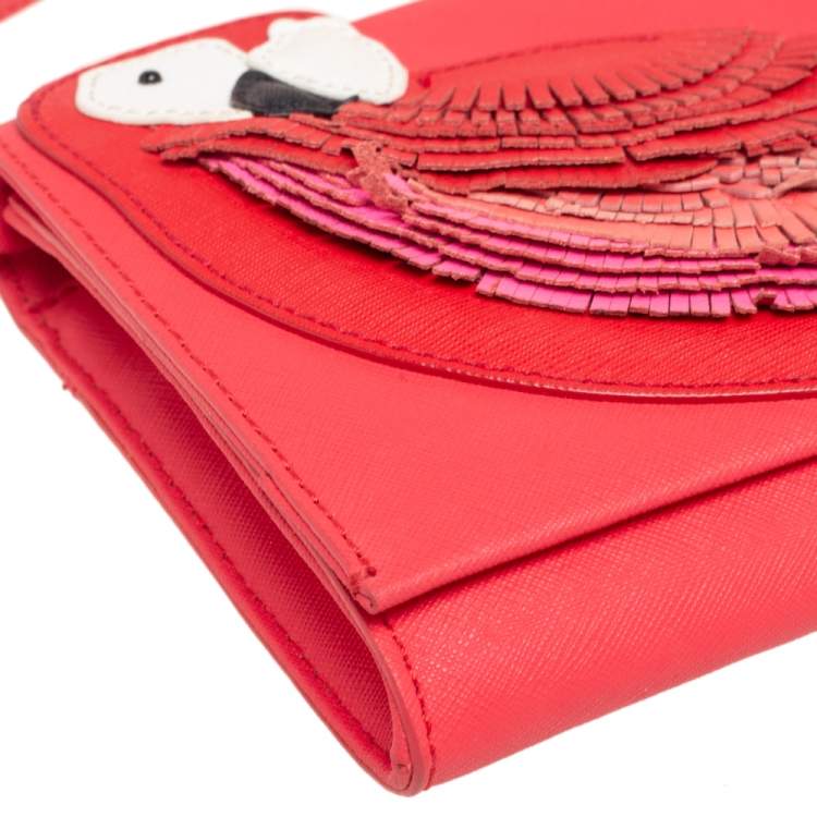 Pre Owned Kate Spade Coral Leather New York Flights of Fancy Parrot Shoulder Bag