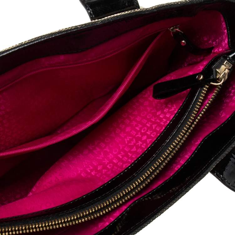 Pre Owned Kate Spade Black/Beige Striped Canvas and Patent Leather Bow Tote