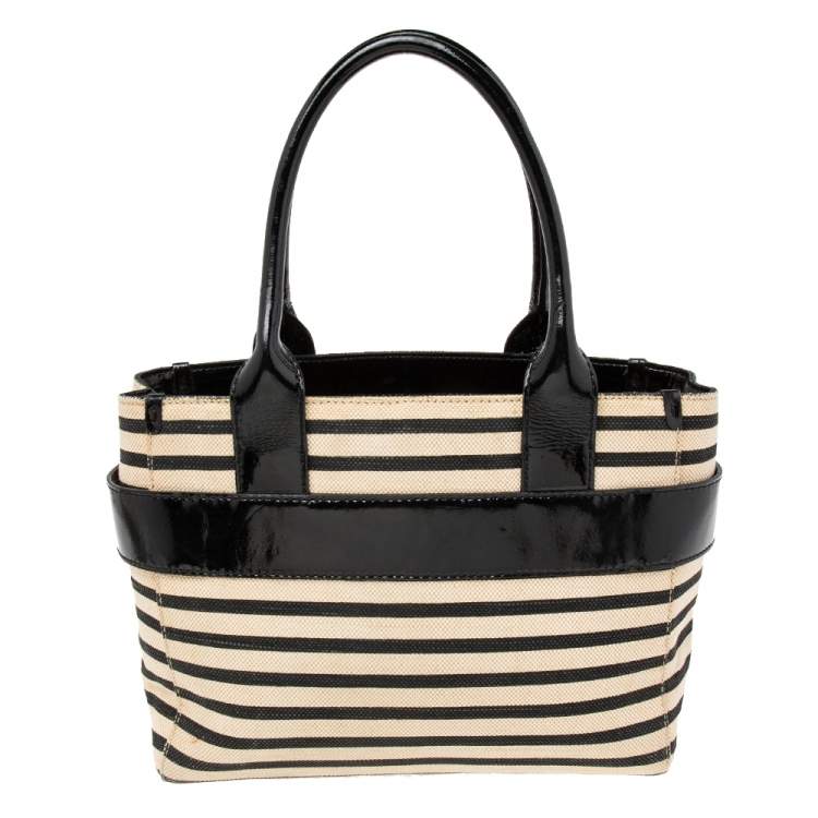 Pre Owned Kate Spade Black/Beige Striped Canvas and Patent Leather Bow Tote