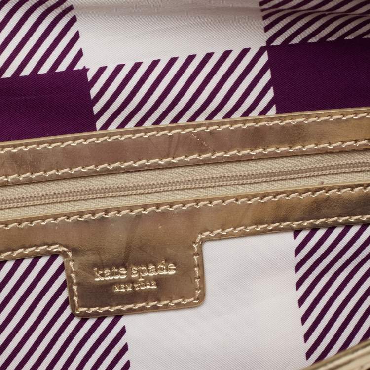 Pre Owned Kate Spade Gold/Brown Woven Rattan and Leather Turnlock Flap Long Clutch