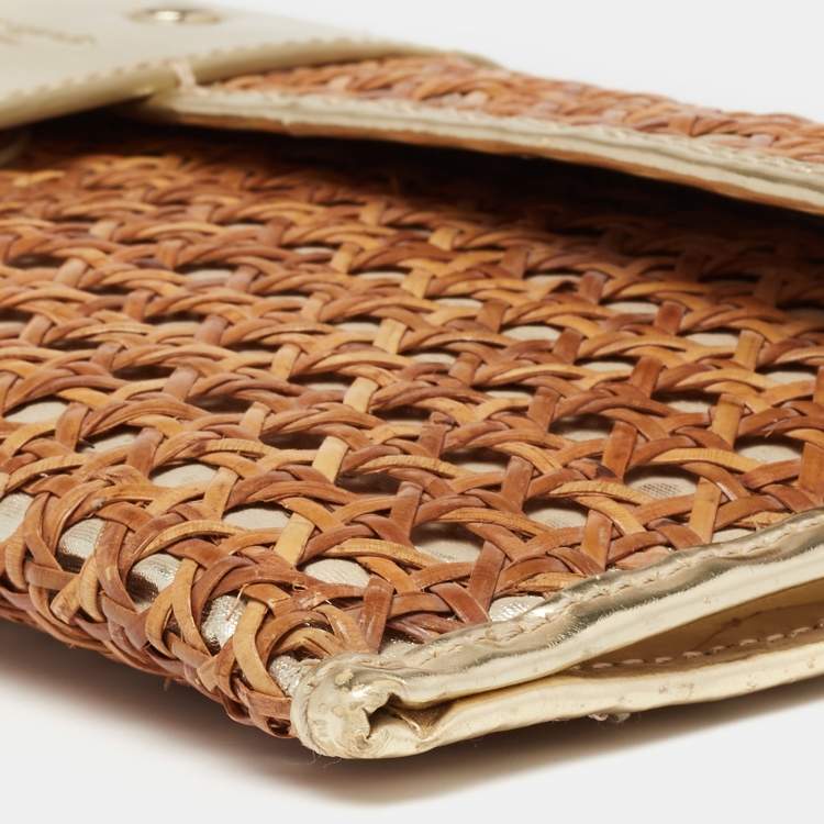 Pre Owned Kate Spade Gold/Brown Woven Rattan and Leather Turnlock Flap Long Clutch