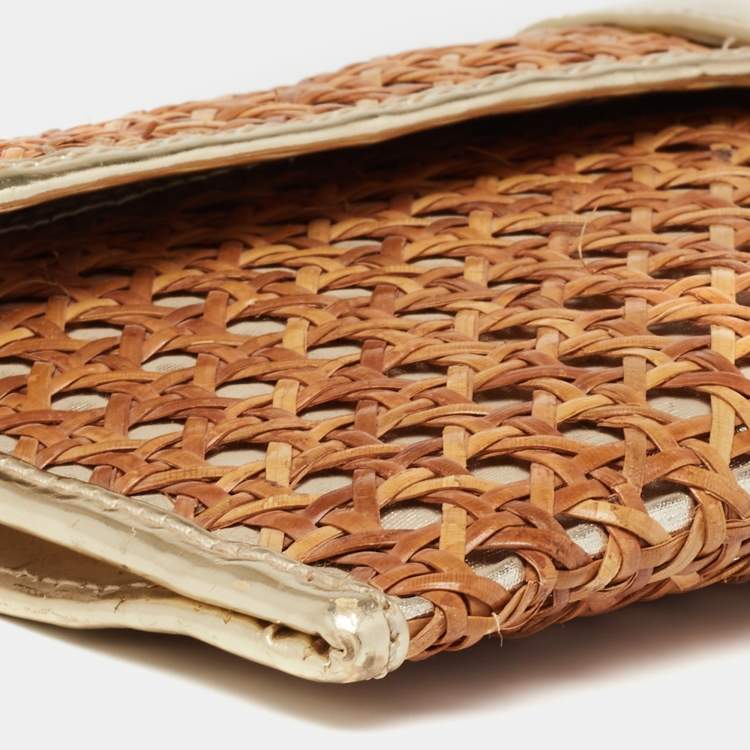 Pre Owned Kate Spade Gold/Brown Woven Rattan and Leather Turnlock Flap Long Clutch