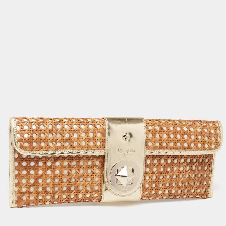 Pre Owned Kate Spade Gold/Brown Woven Rattan and Leather Turnlock Flap Long Clutch