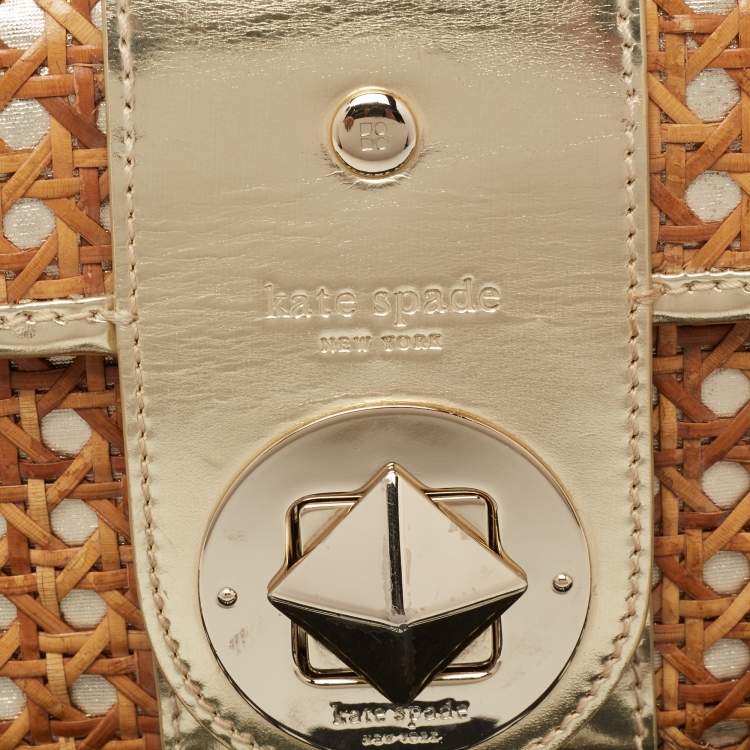 Pre Owned Kate Spade Gold/Brown Woven Rattan and Leather Turnlock Flap Long Clutch
