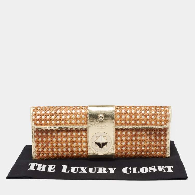 Pre Owned Kate Spade Gold/Brown Woven Rattan and Leather Turnlock Flap Long Clutch