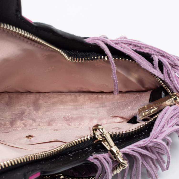Pre Owned Kate Spade Black/Lilac Suede and Leather Fringe Puppy Chain Bag