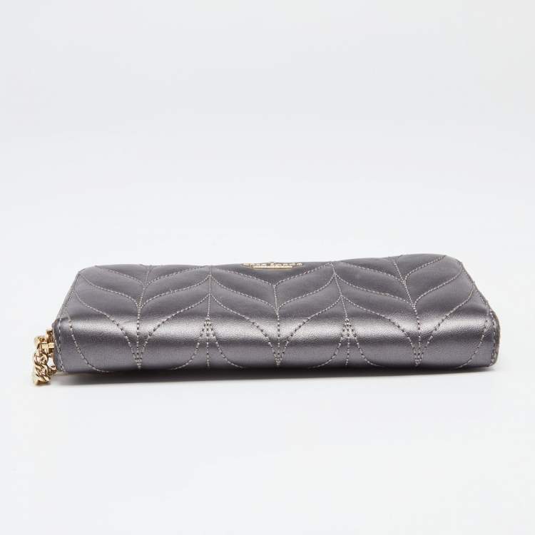 Pre Owned Kate Spade Grey Briar Lane Quilted Leather Neda Zip Around Wallet