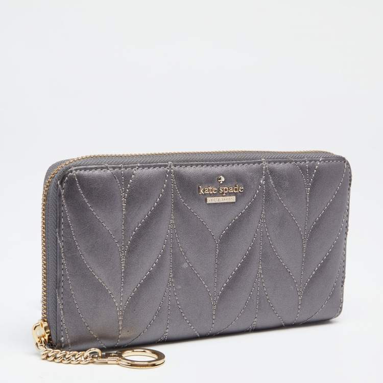 Pre Owned Kate Spade Grey Briar Lane Quilted Leather Neda Zip Around Wallet