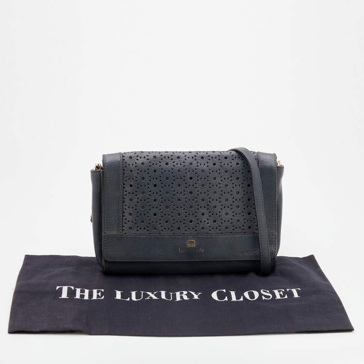 Pre Owned Kate Spade Dark Grey Leather Perforated Flap Shoulder Bag