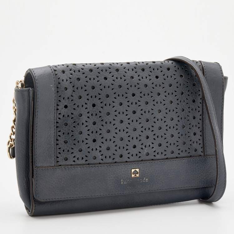 Pre Owned Kate Spade Dark Grey Leather Perforated Flap Shoulder Bag