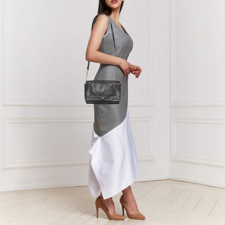 Pre Owned Kate Spade Dark Grey Leather Perforated Flap Shoulder Bag