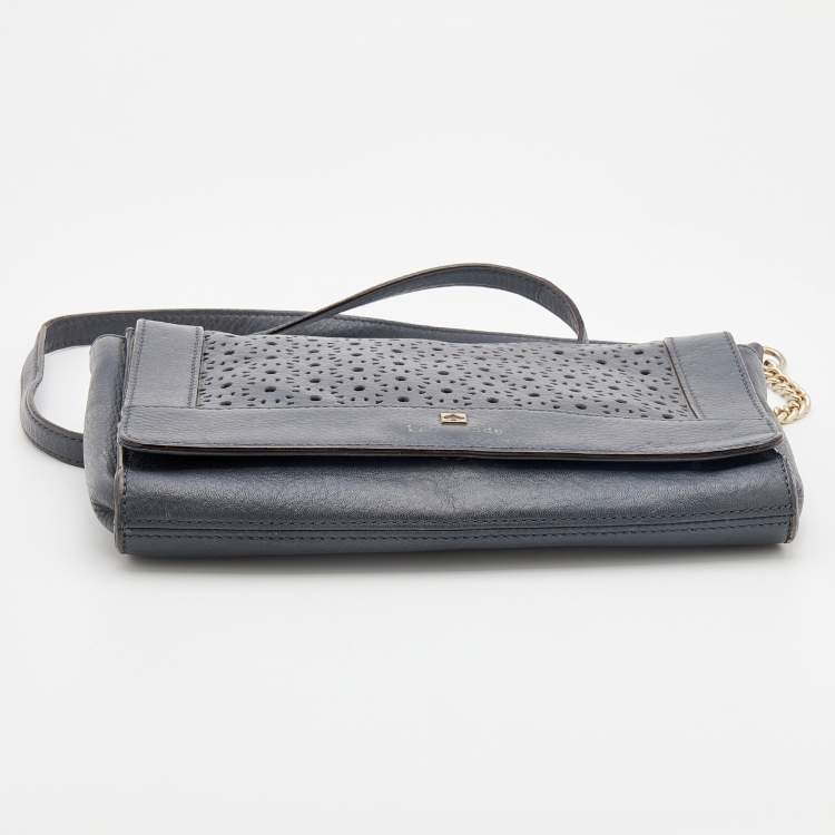 Pre Owned Kate Spade Dark Grey Leather Perforated Flap Shoulder Bag