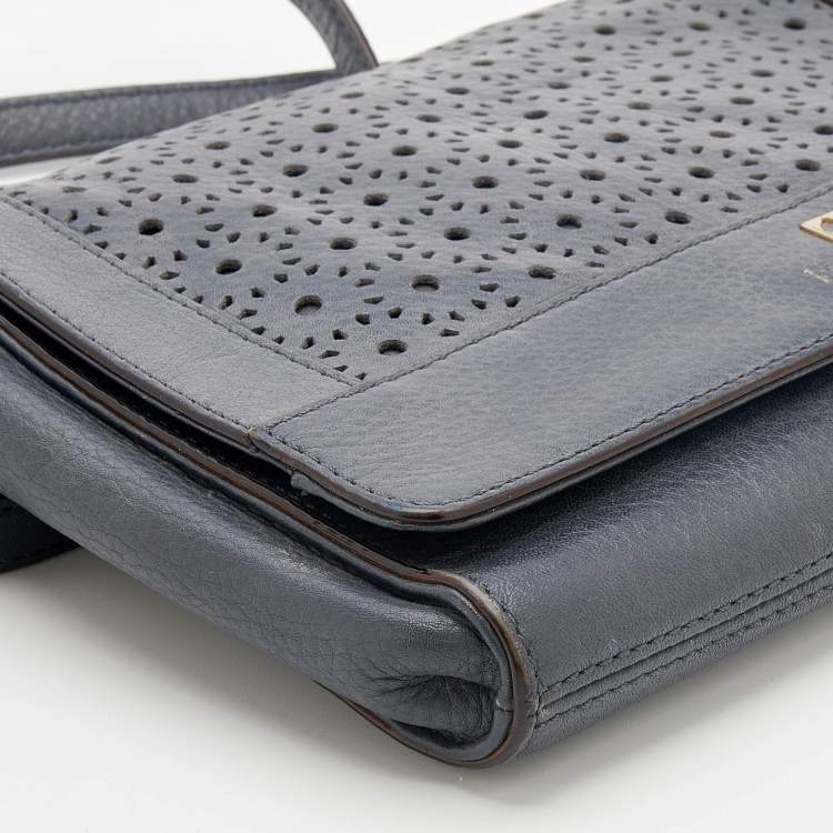 Pre Owned Kate Spade Dark Grey Leather Perforated Flap Shoulder Bag