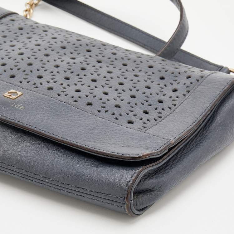 Pre Owned Kate Spade Dark Grey Leather Perforated Flap Shoulder Bag