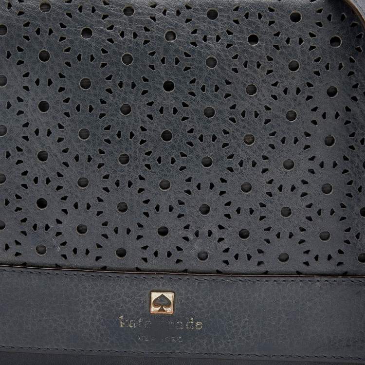 Pre Owned Kate Spade Dark Grey Leather Perforated Flap Shoulder Bag