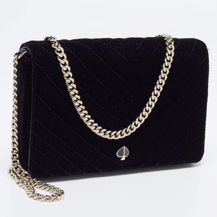Pre Owned Kate Spade Black Chevron Velvet Chain Clutch