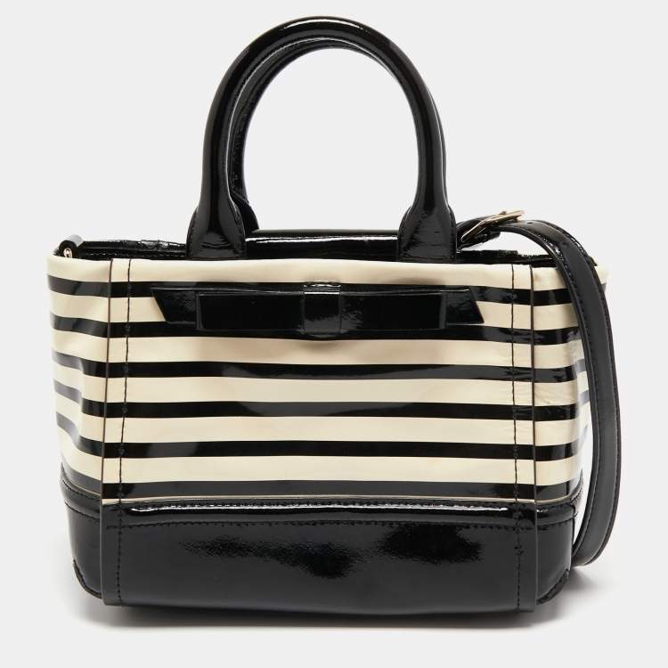 Pre Owned Kate Spade Black/Off White Striped Patent Leather Bow Tote