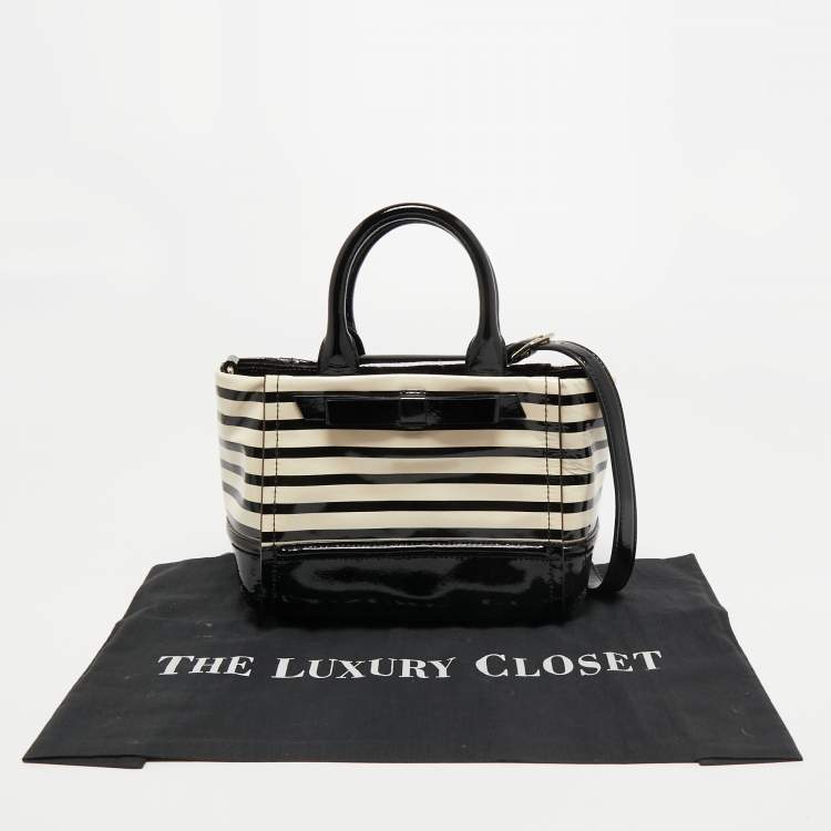 Pre Owned Kate Spade Black/Off White Striped Patent Leather Bow Tote