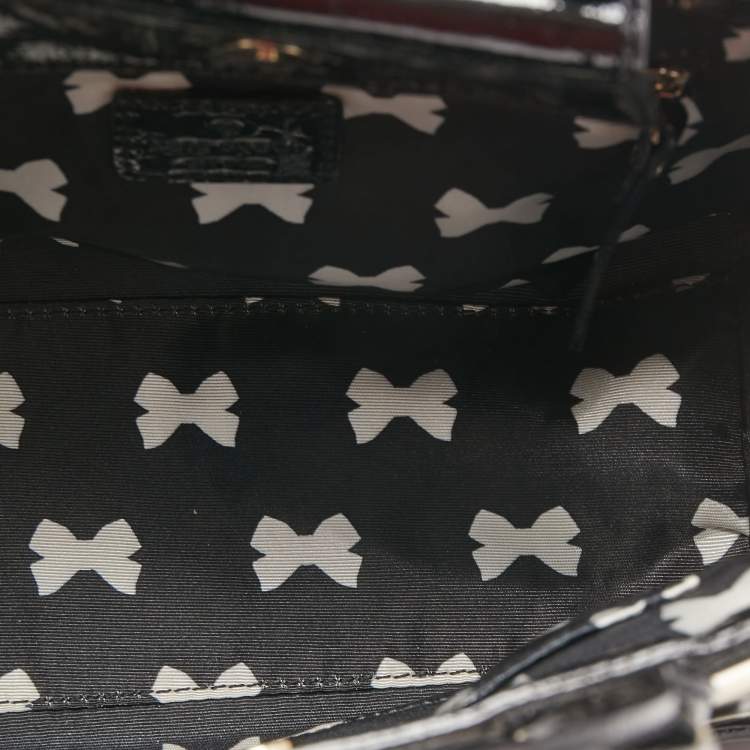Pre Owned Kate Spade Black/Off White Striped Patent Leather Bow Tote
