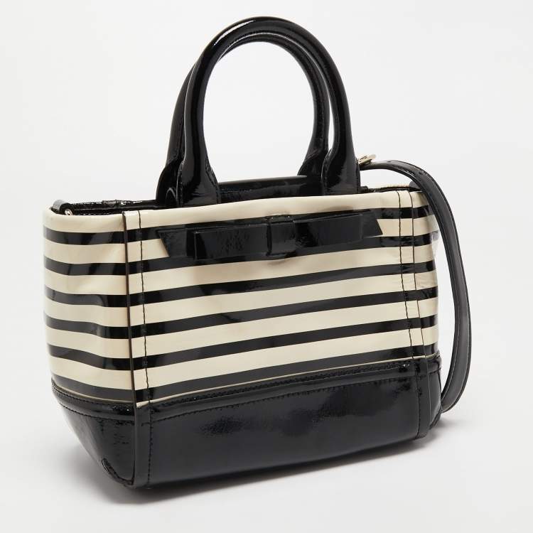 Pre Owned Kate Spade Black/Off White Striped Patent Leather Bow Tote