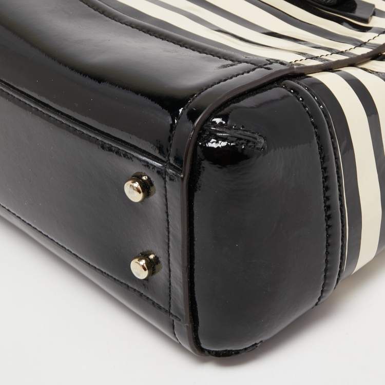 Pre Owned Kate Spade Black/Off White Striped Patent Leather Bow Tote