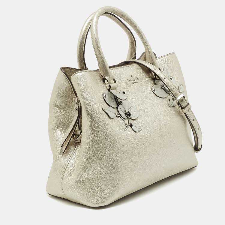 Pre Owned Kate spade Silver Grained Leather Floral Applique Evangelie Larchmont Avenue Satchel