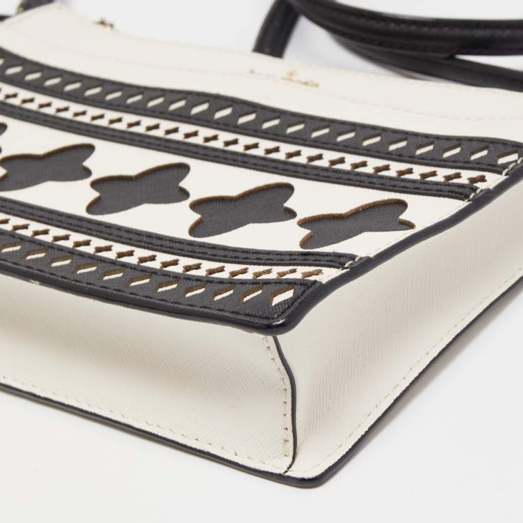 Pre Owned Kate Spade White/Black Leather Laser Cut Detail Clarise Crossbody Bag