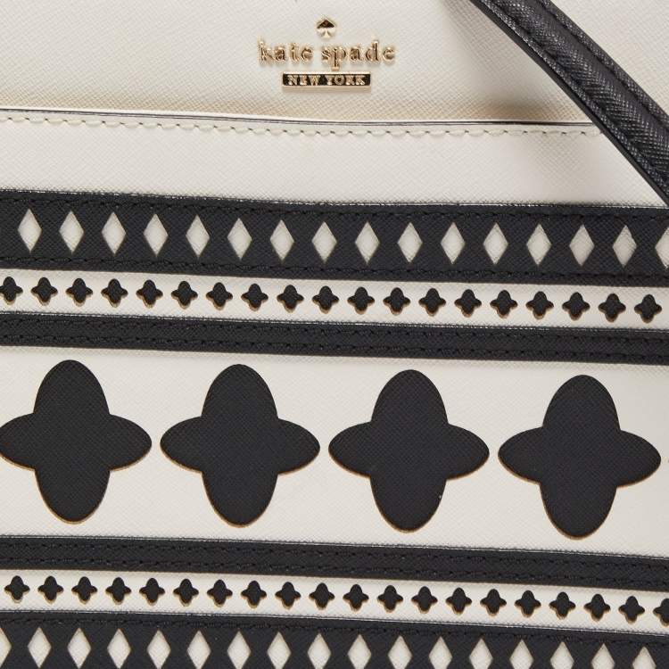 Pre Owned Kate Spade White/Black Leather Laser Cut Detail Clarise Crossbody Bag