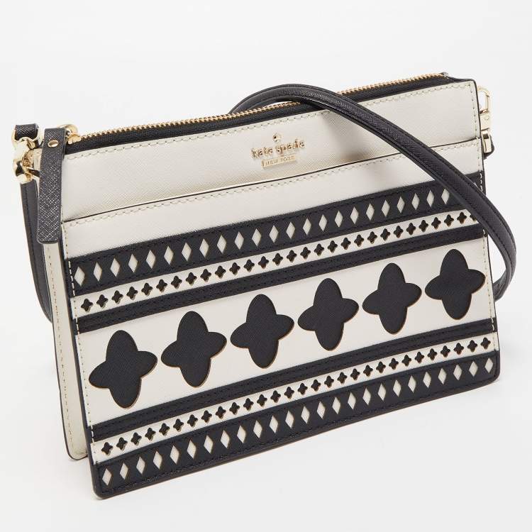 Pre Owned Kate Spade White/Black Leather Laser Cut Detail Clarise Crossbody Bag