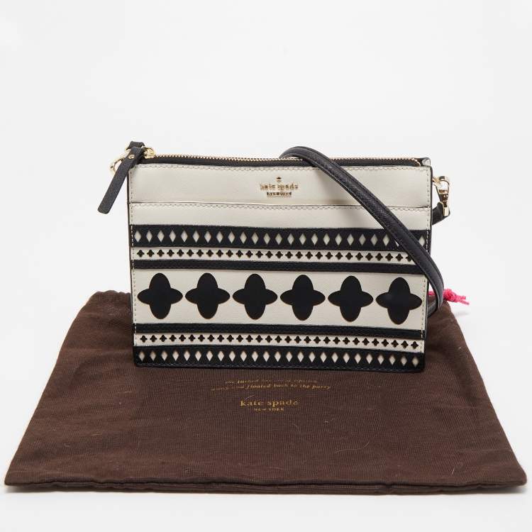 Pre Owned Kate Spade White/Black Leather Laser Cut Detail Clarise Crossbody Bag