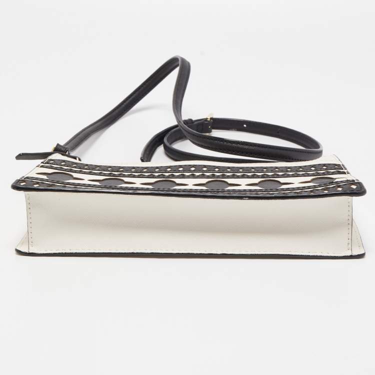 Pre Owned Kate Spade White/Black Leather Laser Cut Detail Clarise Crossbody Bag