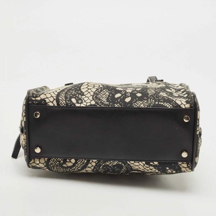 Pre Owned Kate Spade Black/White Lace Print Canvas and Leather Satchel