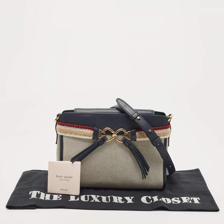 Pre Owned Kate Spade Navy Blue/Beige Canvas and Leather Medium Toujours Crossbody Bag