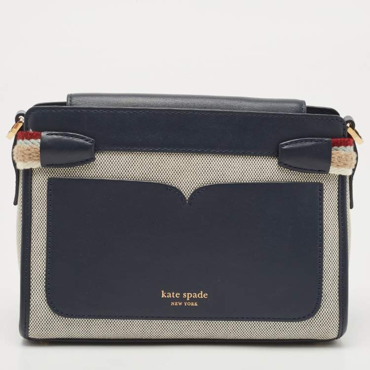 Pre Owned Kate Spade Navy Blue/Beige Canvas and Leather Medium Toujours Crossbody Bag