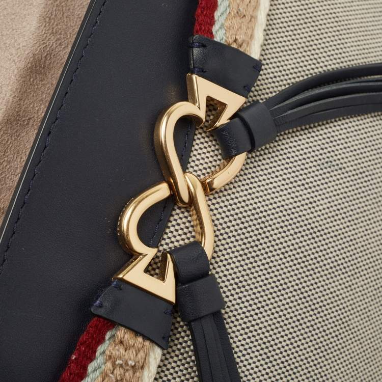 Pre Owned Kate Spade Navy Blue/Beige Canvas and Leather Medium Toujours Crossbody Bag