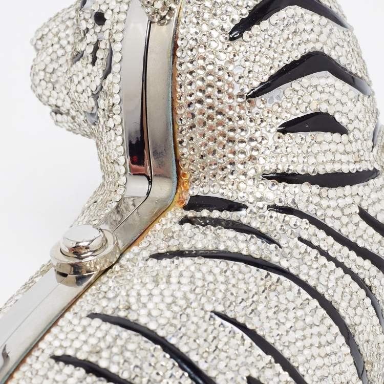 Pre Owned Kate Spade Silver Rhinestone Place Your Bets Tiger Chain Clutch