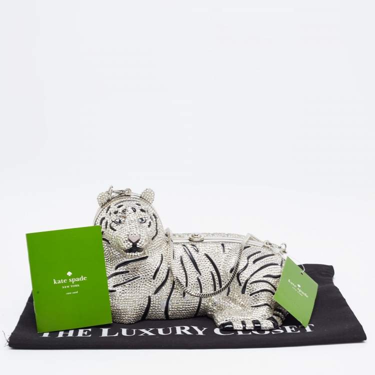 Pre Owned Kate Spade Silver Rhinestone Place Your Bets Tiger Chain Clutch