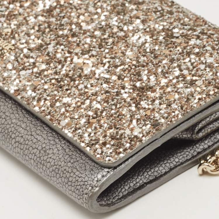 Pre Owned Kate Spade Silver/Grey Coarse Glitter And Leather Wallet On Chain