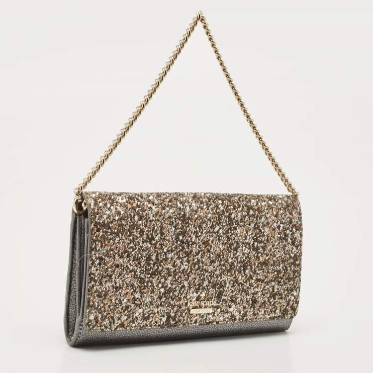 Pre Owned Kate Spade Silver/Grey Coarse Glitter And Leather Wallet On Chain