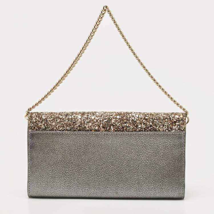 Pre Owned Kate Spade Silver/Grey Coarse Glitter And Leather Wallet On Chain