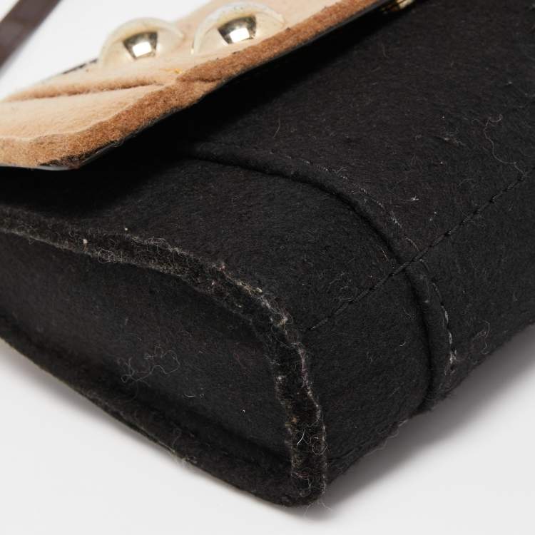 Pre Owned Kate Spade Black/Beige Wool and Patent Leather Beantown Lene Crossbody Bag