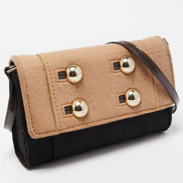 Pre Owned Kate Spade Black/Beige Wool and Patent Leather Beantown Lene Crossbody Bag