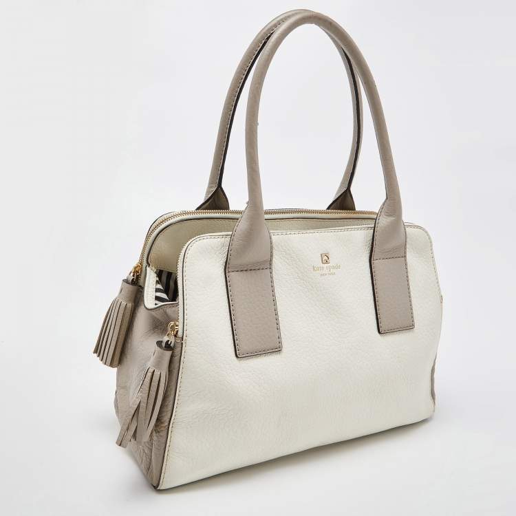 Pre Owned Kate Spade Off White/Grey Leather Double Zip Satchel