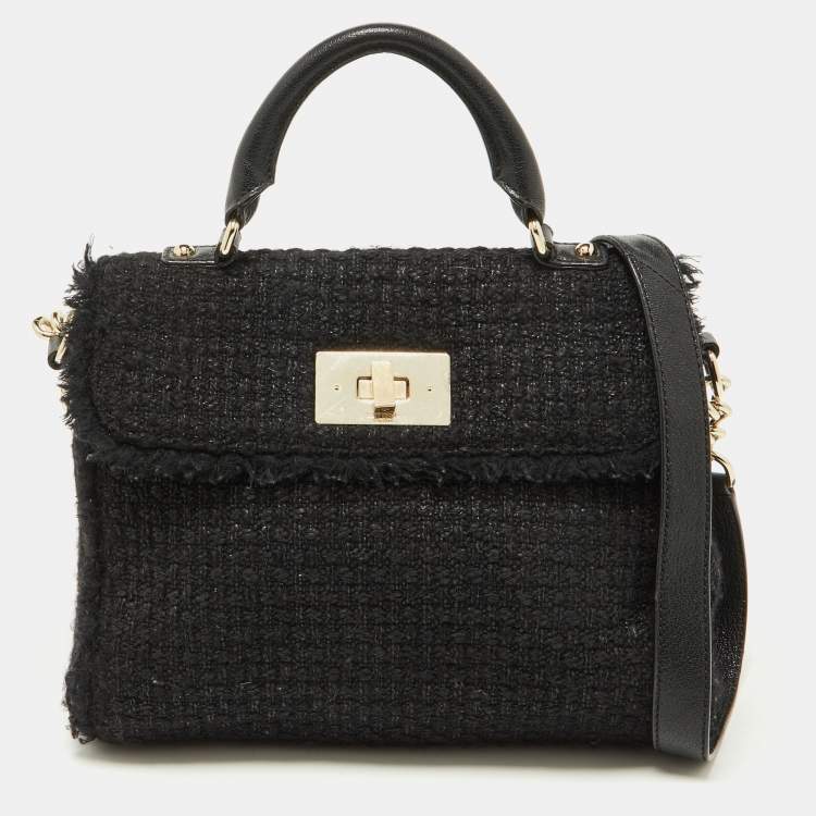 Pre Owned Kate Spade Black Tweed and Leather Turnlock Top Handle Bag