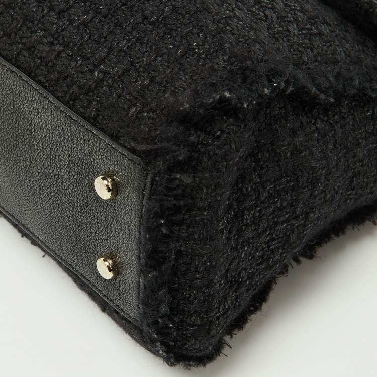Pre Owned Kate Spade Black Tweed and Leather Turnlock Top Handle Bag