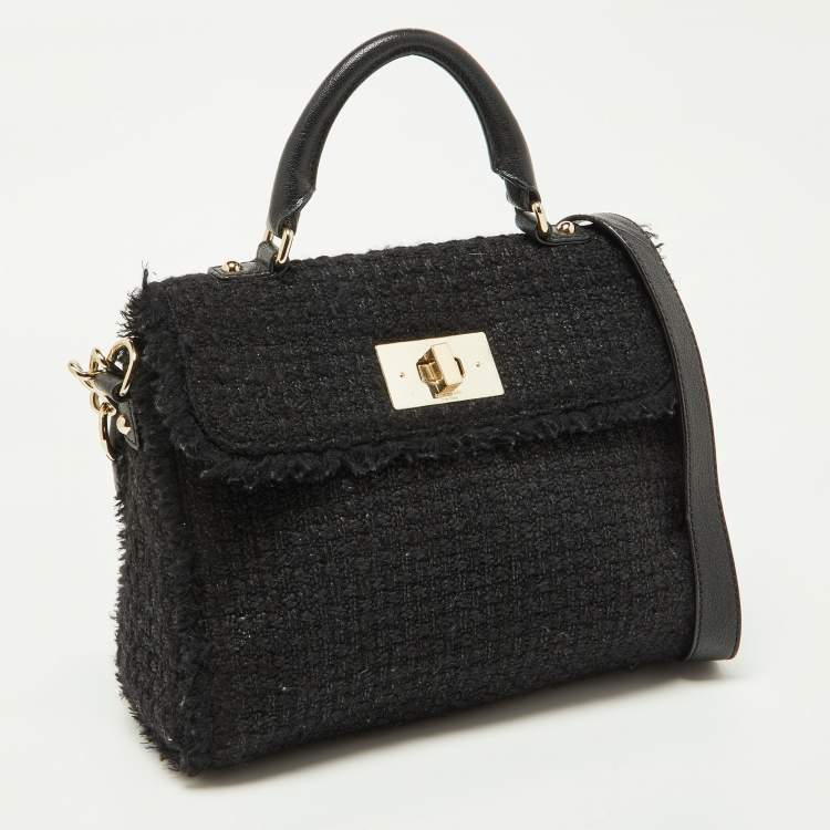 Pre Owned Kate Spade Black Tweed and Leather Turnlock Top Handle Bag