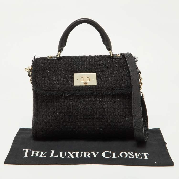 Pre Owned Kate Spade Black Tweed and Leather Turnlock Top Handle Bag