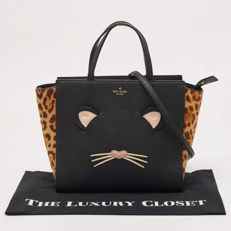 Pre Owned Kate Spade Black/Beige Leopard Calfhair and Leather Run Wild Hayden Tote