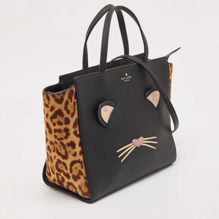 Pre Owned Kate Spade Black/Beige Leopard Calfhair and Leather Run Wild Hayden Tote