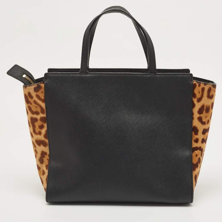 Pre Owned Kate Spade Black/Beige Leopard Calfhair and Leather Run Wild Hayden Tote